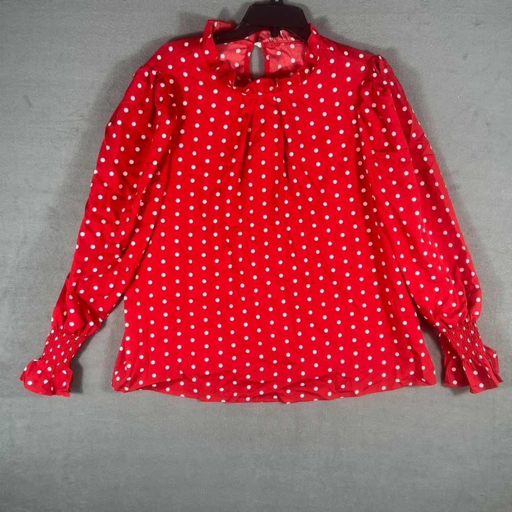 SHEIN Curve Womens Blouse 1XL Red Polka Dot Retro Long Sleeve Smocked Cuff Top